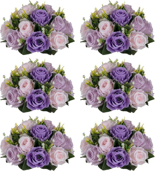 NUPTIO Artificial Flower Ball Centerpieces: 6 Pcs Lilac & Purple & Pink Rose Arrangements for Wedding Party Tables - Faux Silk Floral DIY Kissing Balls for Home Event Dining Decorations