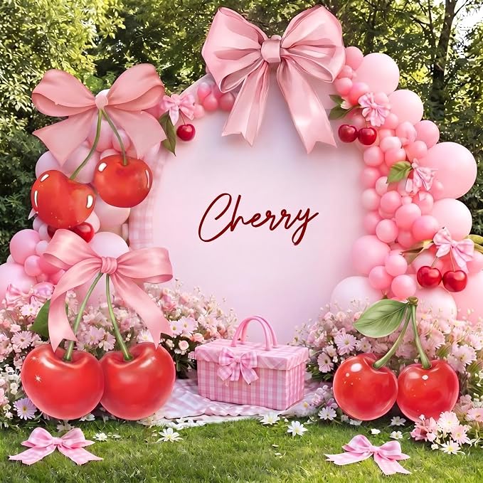 4 Pcs Cherry on Top Baby Shower Decorations, Large Pink Bow Cardboard Cutouts, Sweet Cherry Birthday Decorations Standups for Photo Booth Props & Birthday Party Decor