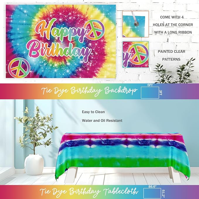 Tie Dye Birthday Party Decorations – 112PCs Rainbow Tie Dye Themed Party Supplies Set with Colorful Backdrop, Balloon Garland, Banner, Tablecloth, Cake Cupcake Topper