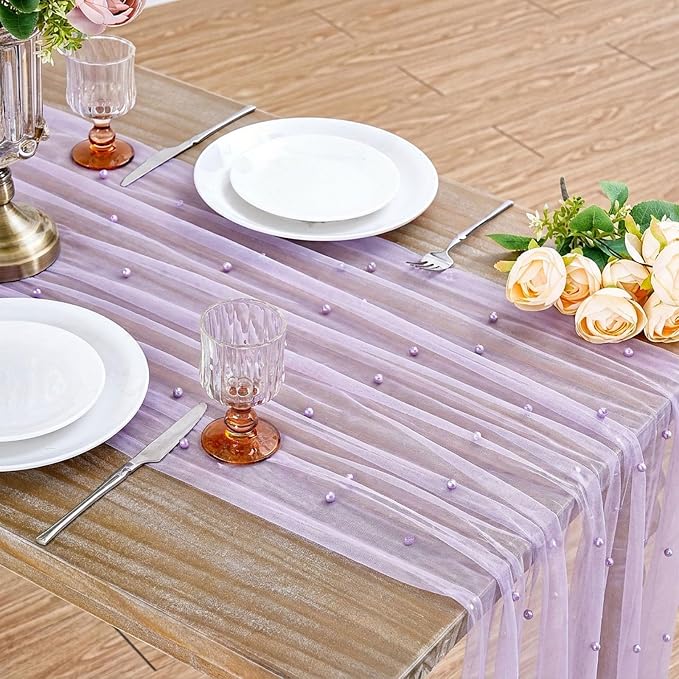 Sheer Gauze Pearl Table Runner Tulle Fabric: 10ft Seasonal Dessert Chiffon Pearl Lace Boho Overlay Wedding Veil Outdoor Wedding Aisle Runner Party Decorations Doilies Grayish Purple