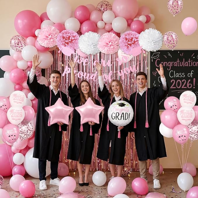 Graduation Party Decorations Pink, Congrats GRAD Banner Paper Pompoms Pink Fringe Curtain Backdrop Star Foil Balloons Pink White Latex Balloon for Graduation Class of 2026 Decorations