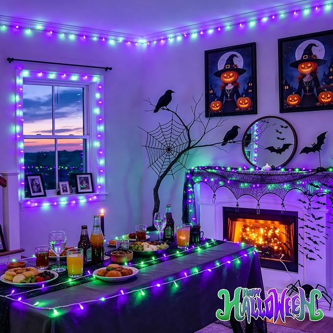 JMEXSUSS 2 Pack Battery Operated Halloween Lights with Remote, Total 66FT 200 LED Purple and Green Halloween Lights Indoor Outdoor, 8 Modes String Lights for Outside Yard Tree Front Porch Room House