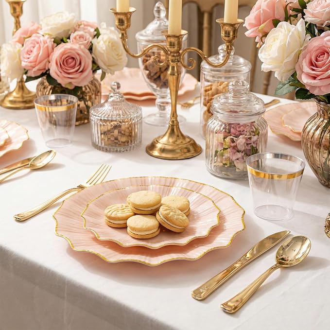 U-QE 175PCS Pink Gold Plastic Plates - Disposable Dinnerware Set for 50 Guests - Pink and Gold Plates and Napkins Party Supplies include 50 Plates, 25 Per Rolled Napkins with Gold Cutlery, 25 Cups
