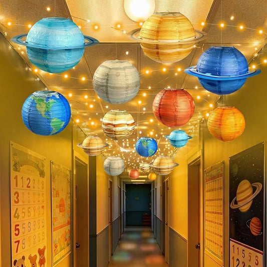 Space Planet Hallways Ceiling Lights Decoration 12in Solar System Paper Lanterns with 65ft LED String Lights Out of This World Outer Space Party Decors for Kids Outer Theme Birthday Home Room Decor