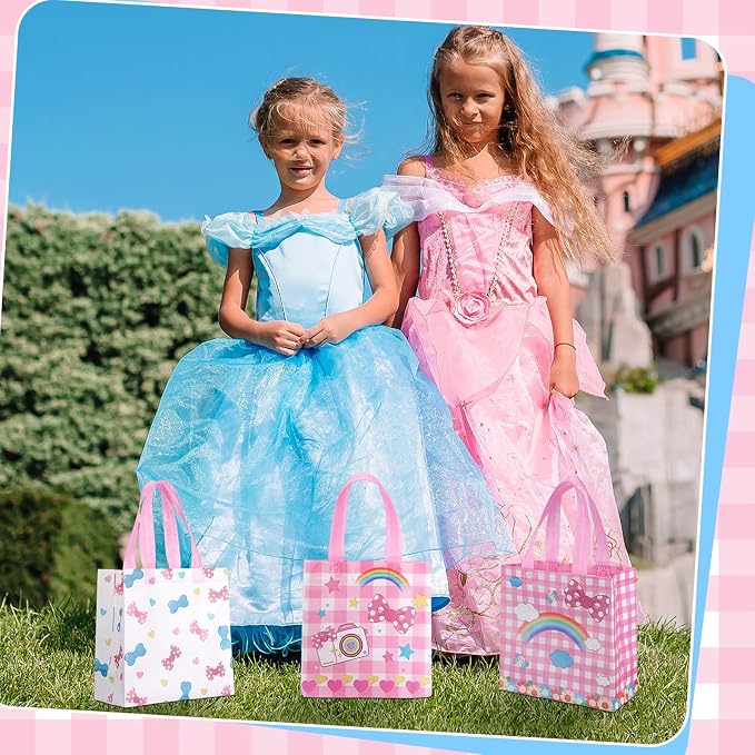 Sweetude 40 Pcs Pink Cat Gift Party Favor Bags with Handle, Non Woven Goodie Bags Birthday Favor for Birthday Baby Shower Packaging Supplies