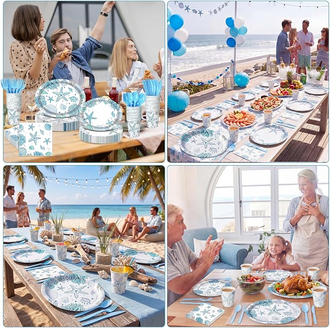 Pajean 350 Pcs Ocean Seashell Party Decorations 12 in Summer Disposable Oval Plates and Napkins Blue Coral Heavy Duty Tableware Set for 50 Guests Last Toast on The Coast Birthday Party Supplies
