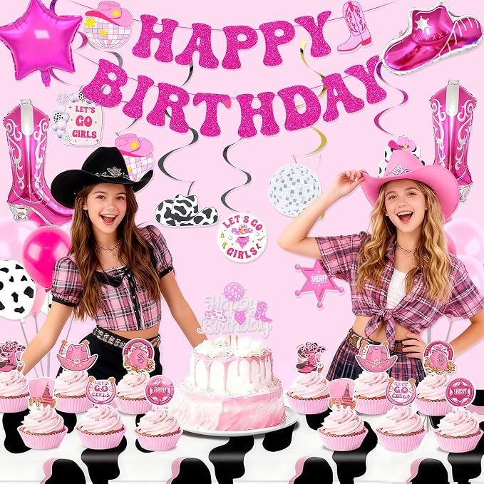 Cowgirl Birthday Party Decorations, Disco Cowgirl Party Supplies with Happy Birthday Banner, Hangang Swir, Latex Balloons, Cake & Cupcake Toppers, Tablecloth for Girls birthday Decor