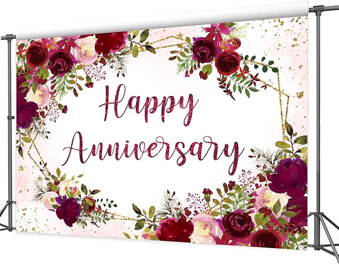 Happy Anniversary Backdrop 5Wx3H Feet Polyester Fabric Elegant Burgundy Flower Rose Floral Plant Botanical Decoration Green Leaves Gold Glitter Photography Background Photo Shoot Props