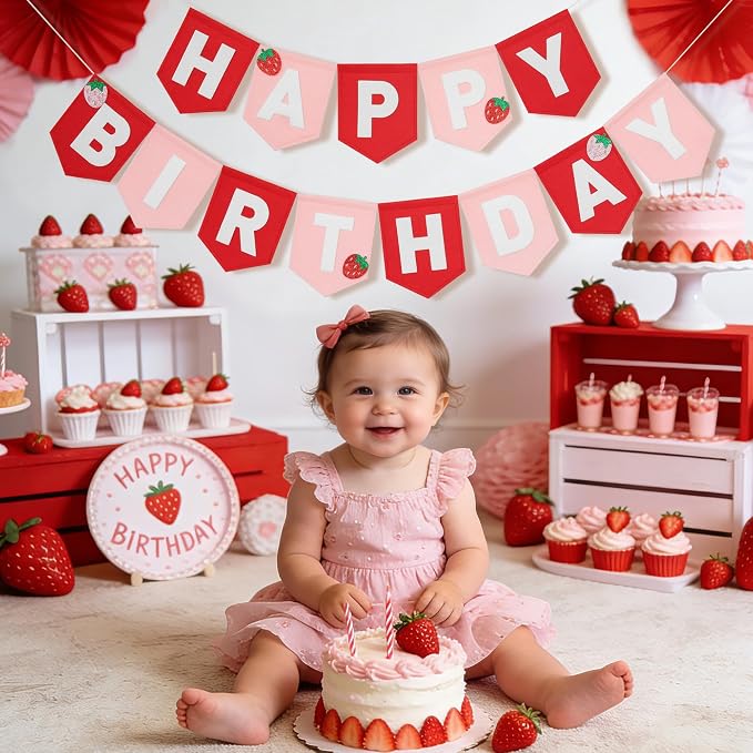 Felt Pink Red Happy Birthday Banner Birthday Decorations for Women Girls Boys Men Pets Handmade Party Backdrop