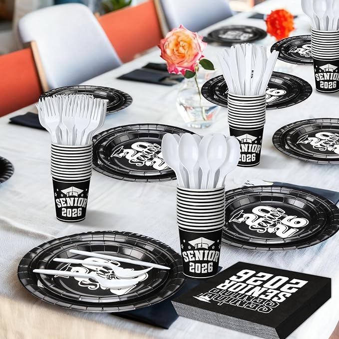 Yungyan 252 Pcs Senior 2026 Graduation Party Tableware Set Black and White Class of 2026 Grad Paper Plates Napkins Cups Forks Knives Cutlery for Graduate Party Decorations Supplies,Serve 36