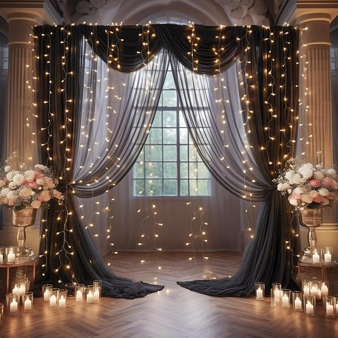 20x8ft Black Tulle Backdrop Curtain with Lights String for Parites, Sheer Photo Backdrop Curtains with Lights for Wedding Backdrop Ceremony Reception Bridal Shower Baby Shower Birthday Party