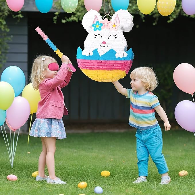 WERNNSAI Easter Bunny Piñata - Easter Rabbit Piñata Spring Pinata with Blindfold and Stick for Birthday Party Decoration Baby Shower School Activities Game Spring Party Game