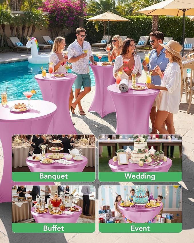 Cocktail High Top Table Covers - 32x43 Inch Fitted Spandex Round Cocktail Tablecloth for Bar Height Standing Table Cloths Reusable, for Party Wedding Banquet Event Decorations, Shiny Pink, 8 Pack
