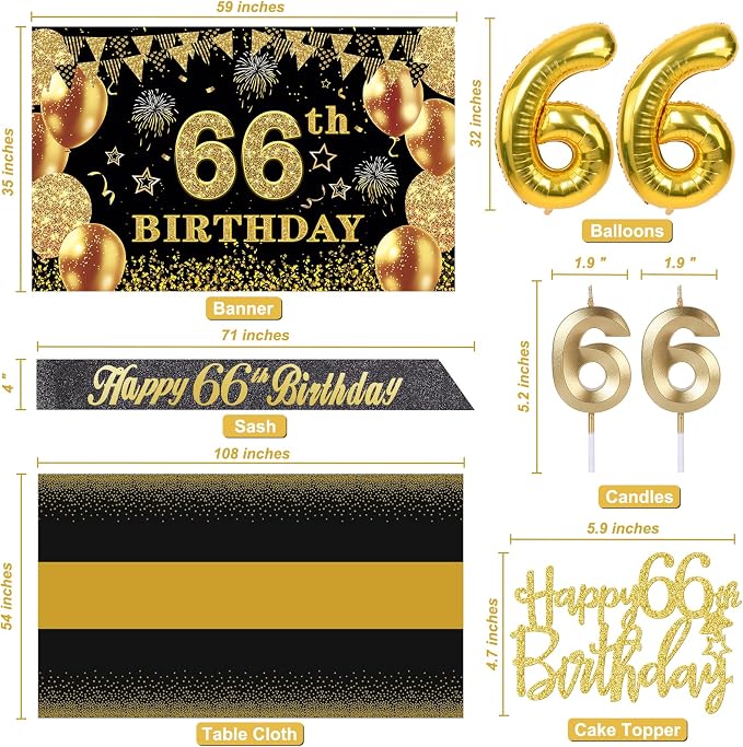 66th Birthday Decorations Men Women with 66th Birthday Banner, Black and Gold Table Cloth, Number Balloons, Sash, Cake Topper and Candles