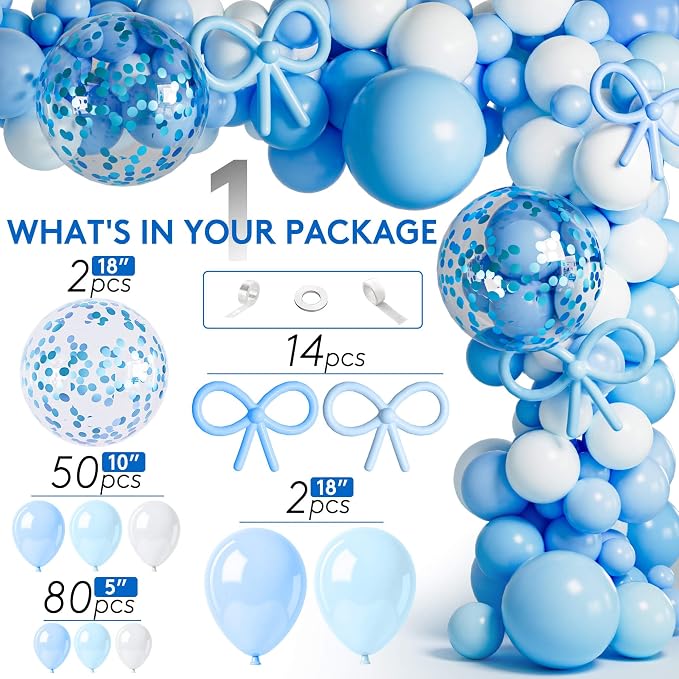 189pcs Blue Bow Coquette Birthday Decorations Soft Blue Aesthetic Party Set with Banner Backdrop Foil Balloons Table Cloth Fringe Curtain Hanging Swirls Cake Topper, Dreamy Romantic Decor Supplies