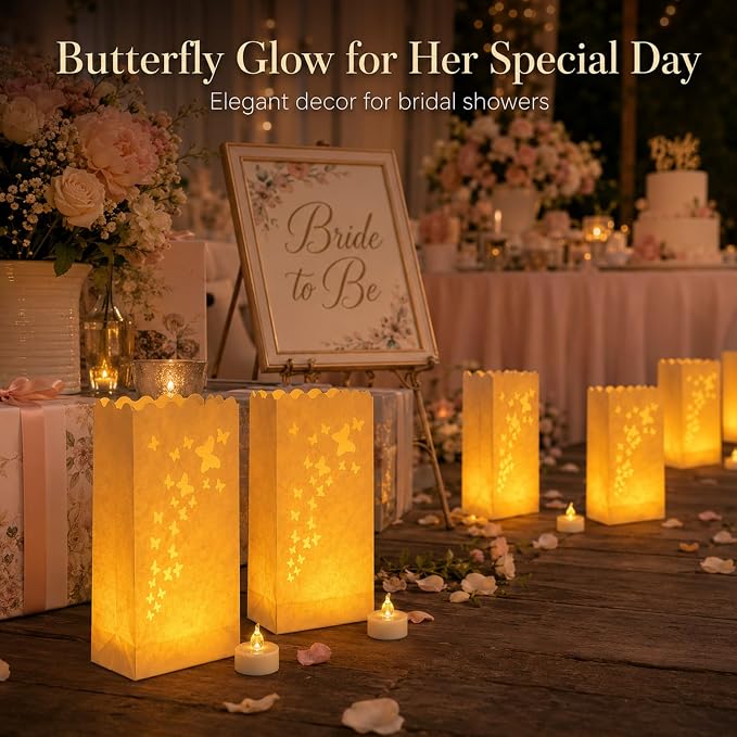 AceList 50 Butterfly Luminary Bags with 50 Flameless LED Tea Lights | Butterfly cutout, warm flickering amber light, reusable & flame-free, for weddings, garden parties, walkways & outdoor decor