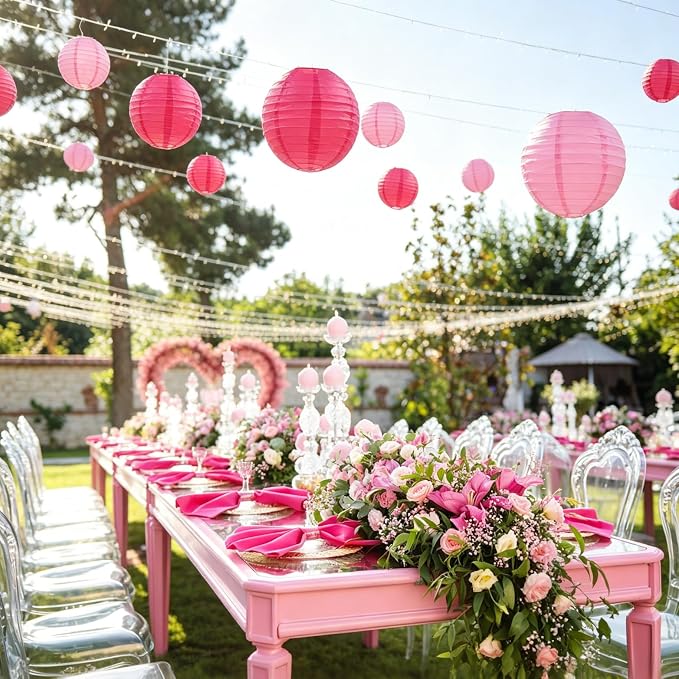 20Pcs Paper Lanterns Decorative, Hot Pink Round Hanging Paper Lanterns Decorations for Rustic Party Bridal Shower Wedding Birthday Home Decor