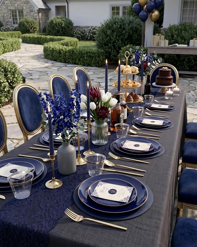 bUCLA 150PCS Blue and Gold Plastic Plates - 25 Guests Navy Blue Plastic Dinnerware Disposable for Party & 4th of July - Include 25 Dinner/Dessert Plates, 25 Knives, 25 Forks, 25 Spoons, 25 Cups