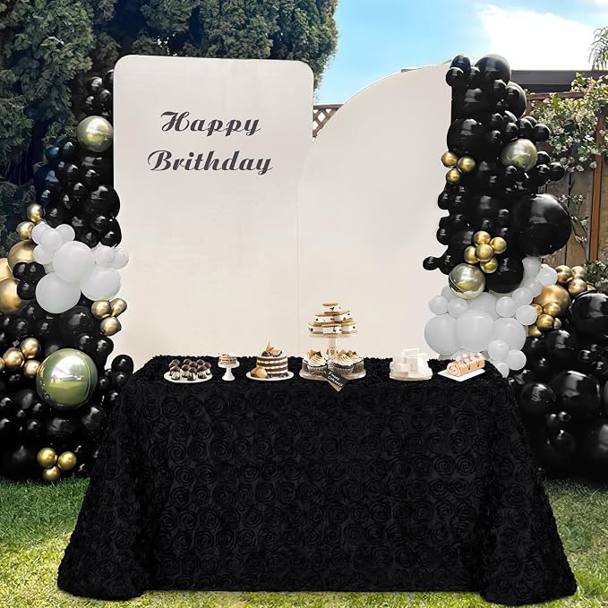 Fanqisi Rosette Tablecloth Black 90x156 Inches Rectangular 3D Floral Satin Rosette Fabric Table Cover Grandiose Wedding Party Baby Shower Decorations