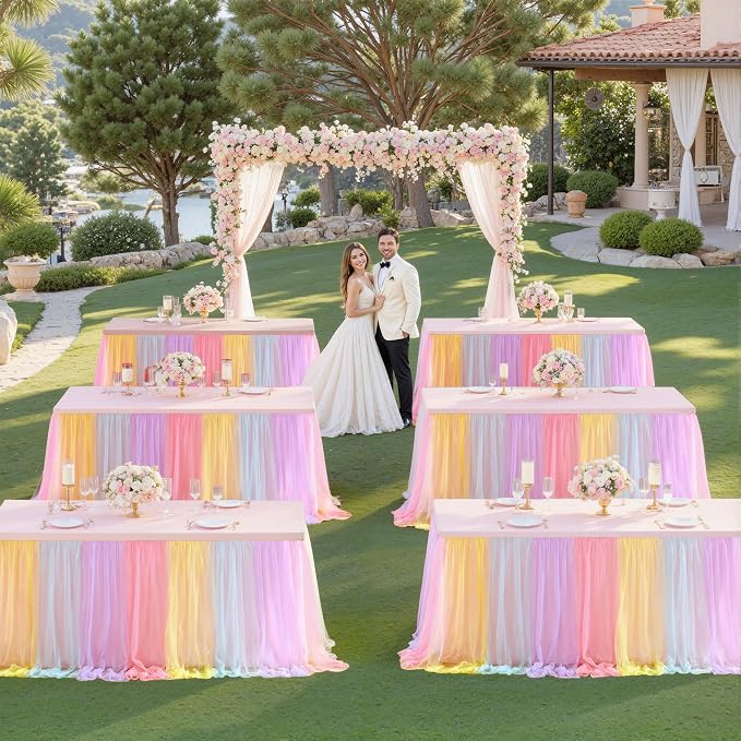 Rainbow Tablecloth Rectangle 8 Foot Elastic Tulle Ruffle Fitted Tablecloths Rectangular Stretch Spandex Table Covers 8ft Baby Shower Birthday Wedding Party Pastel Table Cloths with Skirt
