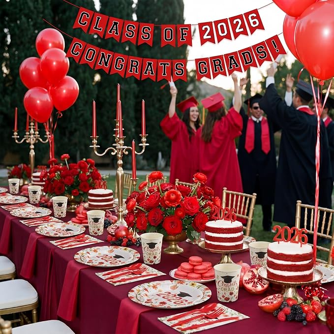 400 Pcs Class of 2026 Red Floral Graduation Decorations for 50, Red Gold White Flower Graduation Paper Plates Napkins and Cups Cutlery Grad Tableware for 2026 Congrats Grad Party Supply