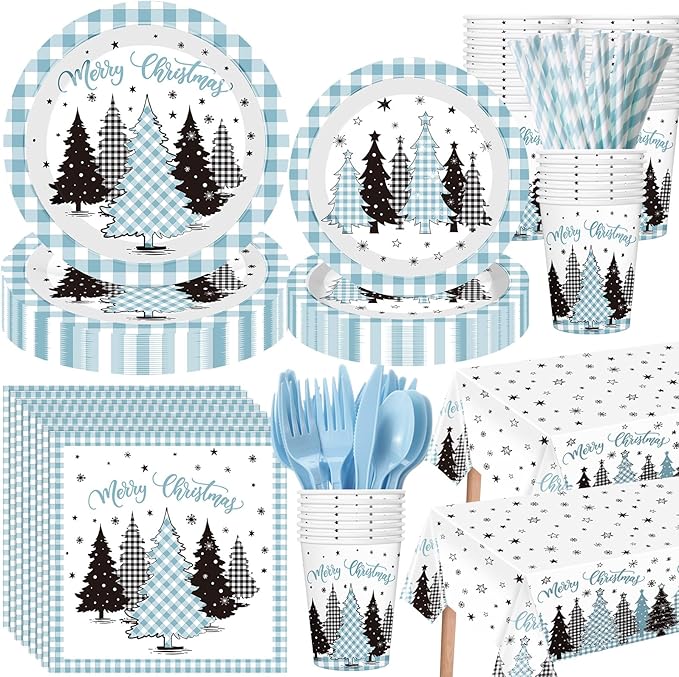 Funnymoom 452 Pcs Light Blue Christmas Party Decoration for 50, Plaid Gingham Tree Blue Xmas Paper Plates Napkins Cups Tablecloth Cutlery Straws for Winter Holiday Baby Shower Birthday Party Supplies
