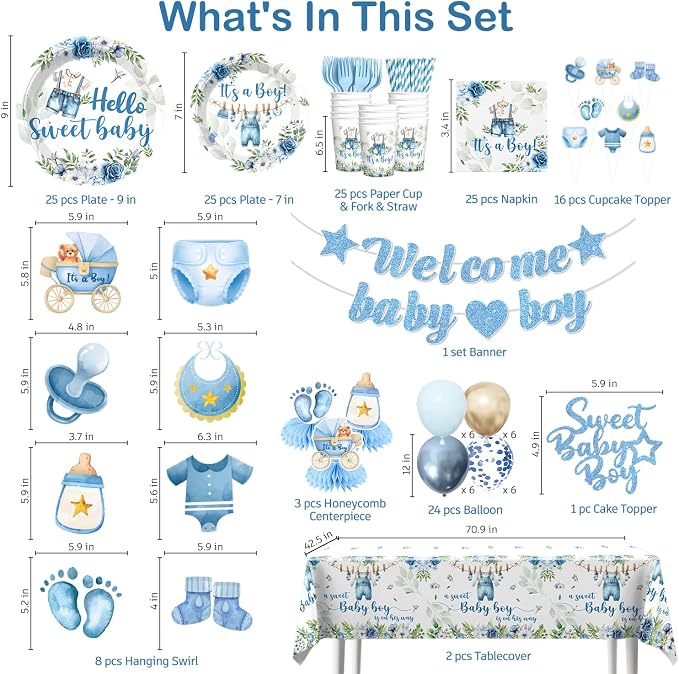 cocomigo 213PCS Blue Baby Boy Shower Decorations Tableware Set, 25 Serves Disposable Plates and Napkins Set, with Cake Topper, Centerpieces, Banner, Tablecloth, for Baby Boy Baby Shower Decorations