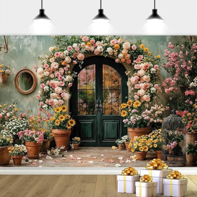 8X6ft Flower Backdrop Coloful Floral Arch Retro Door Photography Backdrops Modern Interior Rustic Style Wall Decoration Wedding Portrait Background Studio Photo Booth Props