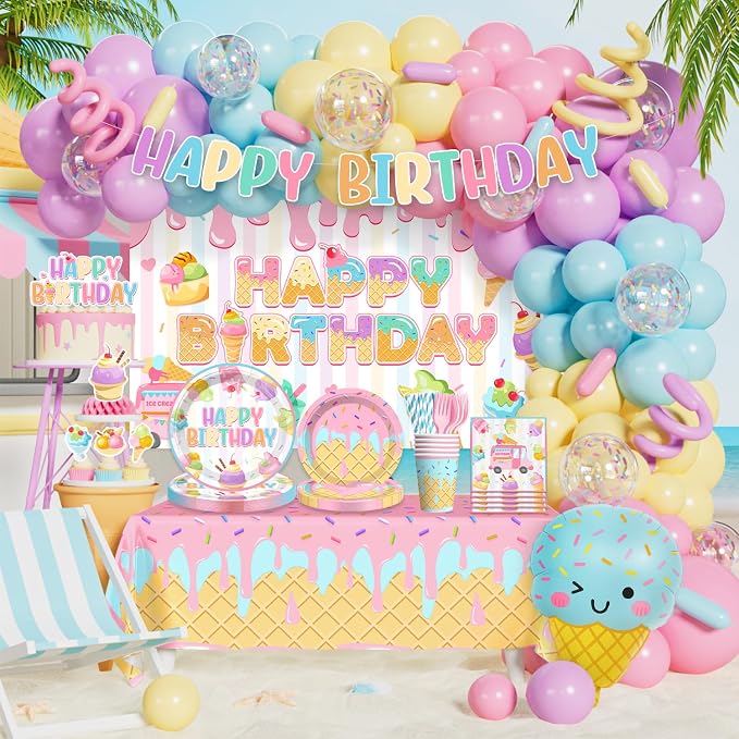 286pcs Ice Cream Birthday Party Decorations for Girl, Worry-free One-stop Set for 25 Guests, with No-DIY Banner Thick Plates and Ice Cream Balloon Arch, Easy Setup for Ice Cream Party