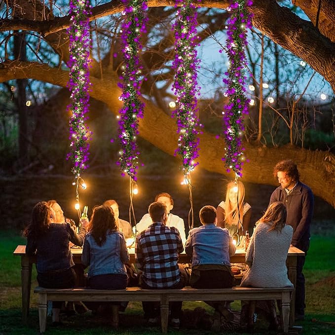 RECUTMS Artificial Garland Greenery Hanging Spring Lighted Garland Artificial Vine Plants Spring Eucalyptus Vine with Lights for Indoor Outdoor Home Wedding Mantel Party Kitchen Decor(Fuchsia)