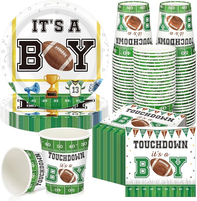 Hushee 200 Pcs Touch Down It's a Boy Baby Shower Paper Plates Napkins Cups Football Party Supplies Tableware Set Football Disposable Plates for 50 Guest Party Decor
