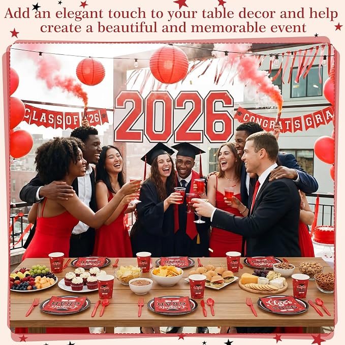 Funnymoom 400 Pcs Graduation Party Supplies Class of 2026 Graduation Paper Plate Napkin Cup Cutlery Congrats Grad Disposable Tableware Set for Grad Party Decorations, Serve 50 (Red, Black)