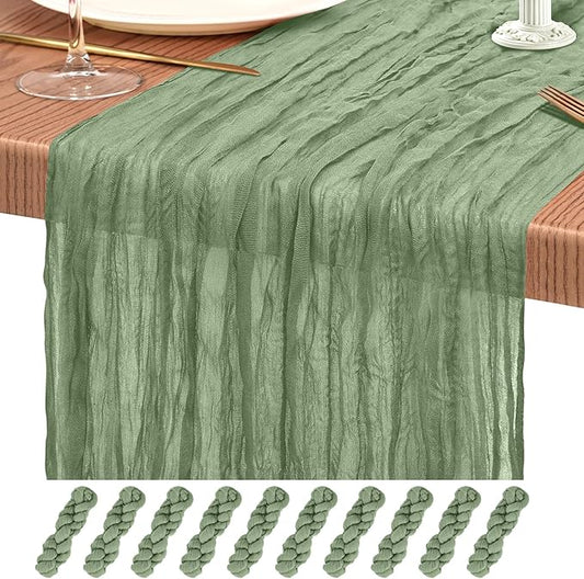 10 Pack Sage Green Cheesecloth Table Runner 10FT Boho Gauze Cheese Cloth Table Runners Romantic Rustic Sheer Table Decorations for Wedding Party Baby Shower Birthday Holiday Home
