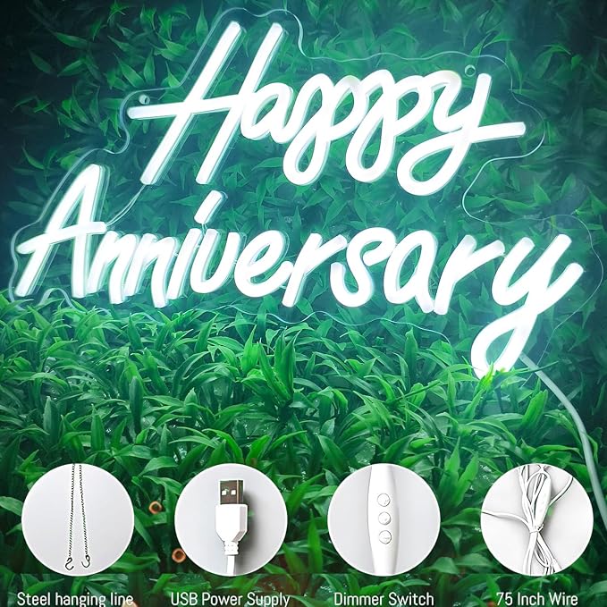 Happy Anniversary Neon Sign - Wedding Birthday Party Decoration Neon Light for Bedroom,Living,Home Bar Valentine's Day Anniversary Decor Gift (white)
