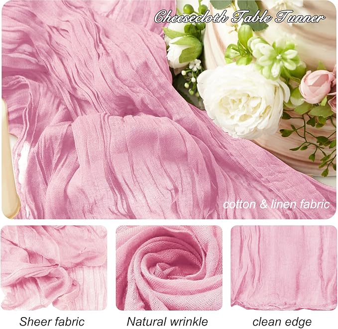 8 Pack 10Ft Table Runner 35x120 inch Pink Boho Gauze Table Cheese Cloth Long Wrinkled Sheer Table Runner for Wedding Bridal Shower Birthday Party Table Decor