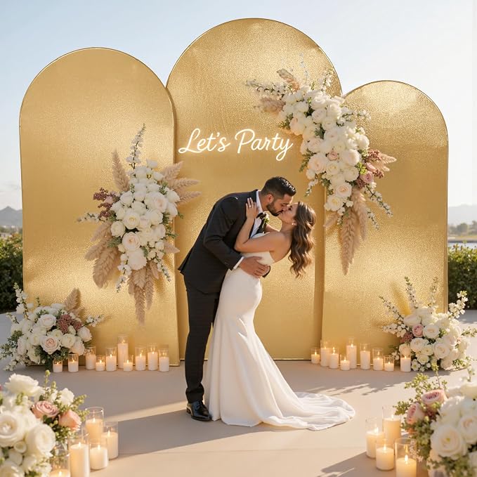 Gold Shimmer Arch Backdrop Cover Set of 3 (6 6.6 7.2FT) with Zipper,Thick Soft Stretchy Sequin Glitter Spandex Fitted Chiara Cover for Wedding Birthday Baby Shower Graduation Party Photo Backdrop