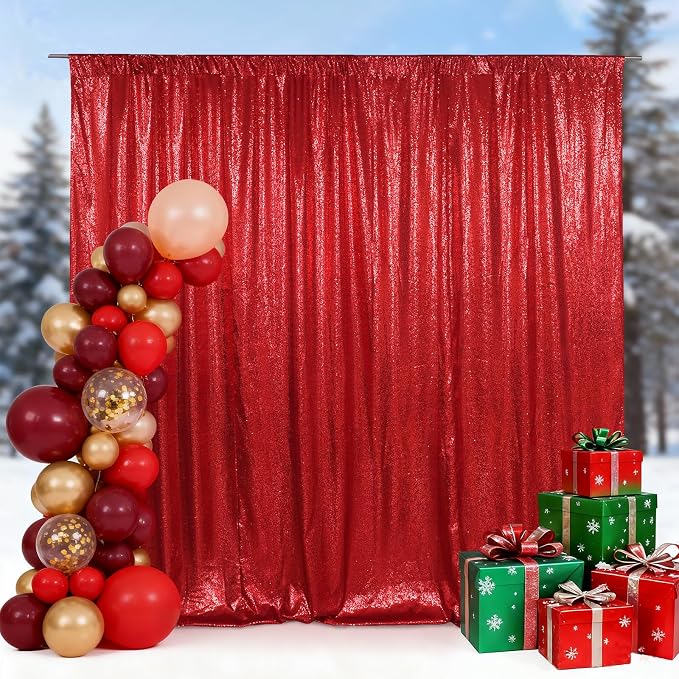 SquarePie 8x8ft Red Sequin Backdrop for Photography, Satin-Backed Real Sequin Curtain, Enhanced Coverage Shimmering Background with 4" Rod Pocket for Wedding, Birthday, Party Decor, 1 Panel