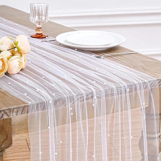 LuoluoHouse White Pearl Table Runner Tulle: 10ft Pearl Kitchen Linen 3pcs 29x120 Inch Sheer Gauze Fabric for Wedding Decor Birthday Party Dining Table Cover