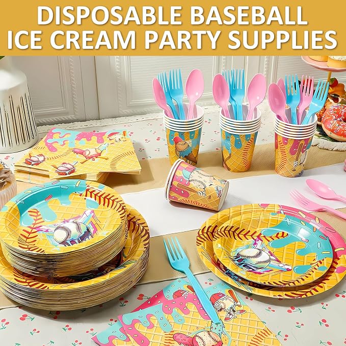FoldTier 350 Pcs Ice Cream Drip Baseball Birthday Party Decorations Set Ice Cream Paper Plates Napkins Fork Set Disposable Fairy Tableware Decorations Supplies for Baby Shower Dinner Serves 50