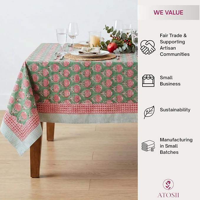 ATOSII Roma Green 100% Cotton Square Summer Tablecloth, Block Print Floral Table Cloth for Dining, Parties Wedding Outdoors I Grand Millenial Decor 60 X 60 Inches I 4 Seater I