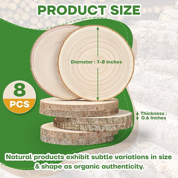 8-Pack Wood Slices 7-8 Inch Wood Centerpieces for Tables|Wooden Rounds with Premium Sanded & Bark-On Slices | Round Wooden Discs for Crafts,DIY, Wedding Decor