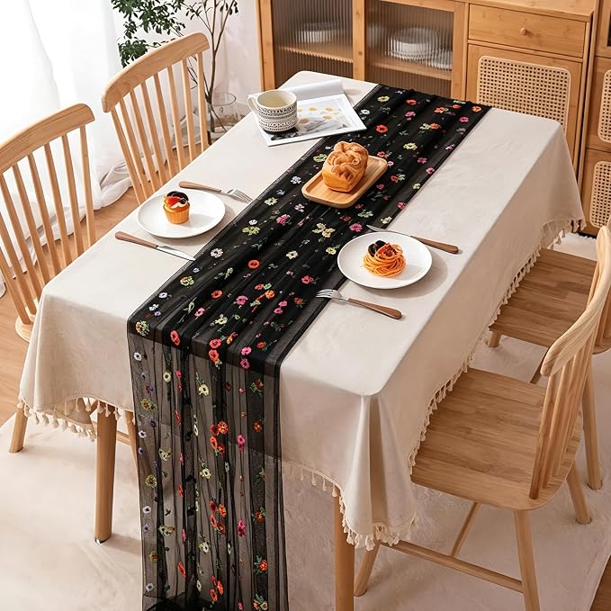 BINBE 12pcs Daisy Spring Table Runner Embroidery Gauze 10FT Florals Seasonal Tulle Holiday Birthday Kitchen Dining Table Decor for Home Party Black