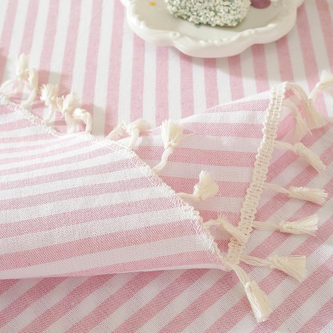 meioro Striped Round Tablecloth, Cotton Blend Fabric Pink Circle Table Cloth with Tassel, Washable Wrinkle Free Table Cover Cute Small Tablecloths for Card Coffee Tables Home Party - Round 60 Inch