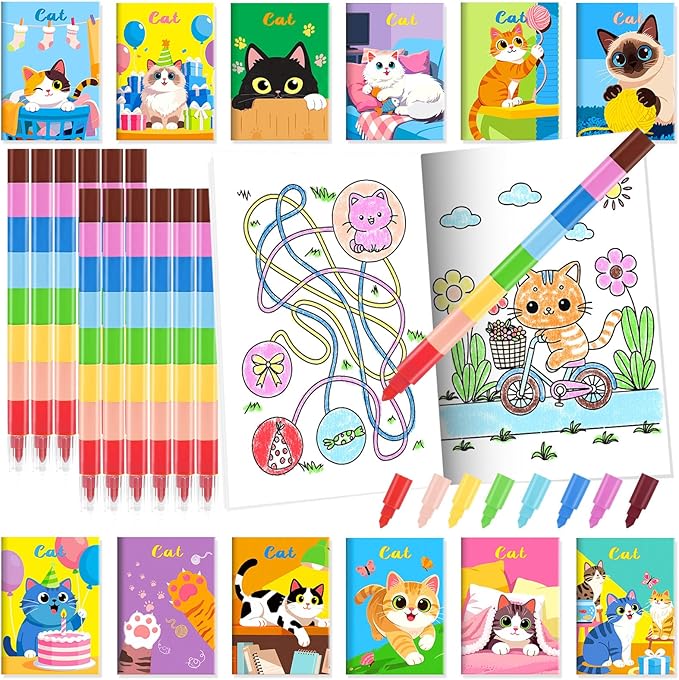 BenLouis 24 Cat Mini Coloring Books Kids with 24 Stacking Crayons Cute Kitten Small Party Favors Activity Books Bulk for Kids Pet Goodie Bag Gift Stuffer Classroom Reward