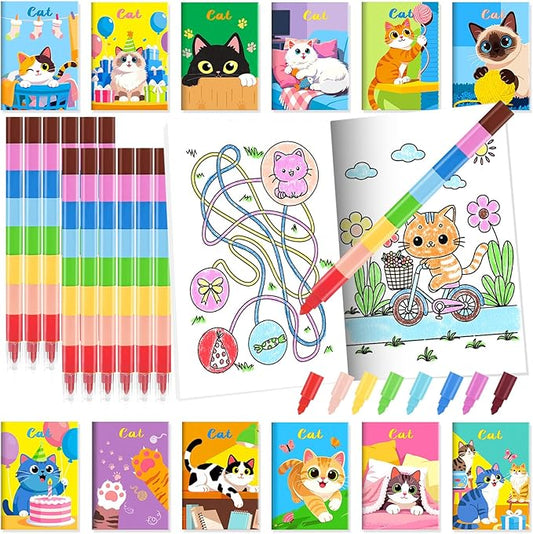 BenLouis 24 Cat Mini Coloring Books Kids with 24 Stacking Crayons Cute Kitten Small Party Favors Activity Books Bulk for Kids Pet Goodie Bag Gift Stuffer Classroom Reward