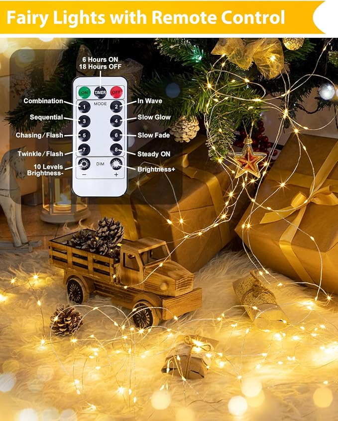 6 Pack 100 LED Fairy Lights Battery Operated with Remote, 8 Modes String Lights Indoor Outdoor, Cuttable Battery Light for Home Bedroom Wedding DIY Centerpiece Christmas Decorations (Warm White)