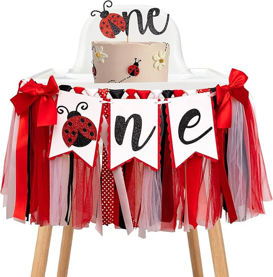 Ladybug First Birthday Decorations Bundle - Ladybug First Birthday Decor with Lovebug High Chair Banner and Lovebug Cake Topper for Party, Cake Smash, Photo Prop