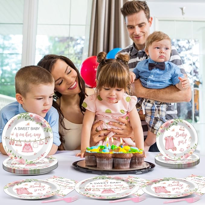 Justforjoyful 200Pcs Floral Baby Girl Shower Plates and Napkins Decoration Pink Girl Party Tableware Dinnerware Set Spring Rose Gold Paper Plates for Baby Gender Reveal Party Supplies Serves 50