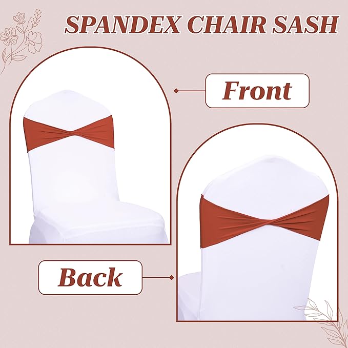 MDS Pack of 100 Spandex Chair Sashes Bows Elastic Stretch Dining Chair Bands Ties Without Slider Buckle Universal fits for Wedding Baby Shower Birthday Party Banquet Event Decoration - Terracotta