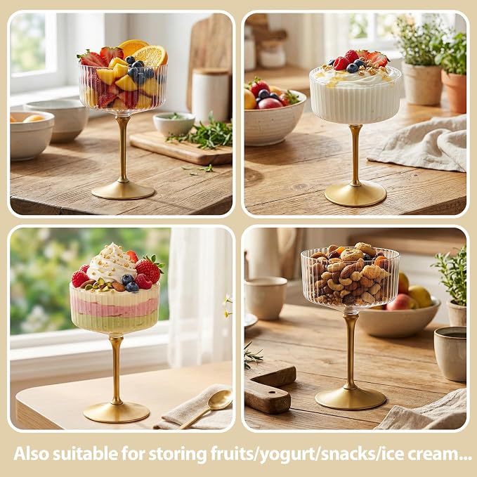 LIYH 20pcs Plastic Martini Glasses Disposable 10 Oz Clear and Gold Plastic Cups Coupe Glasses Cocktail Champagne Tower Perfect for Any Party, Bar, Beverage